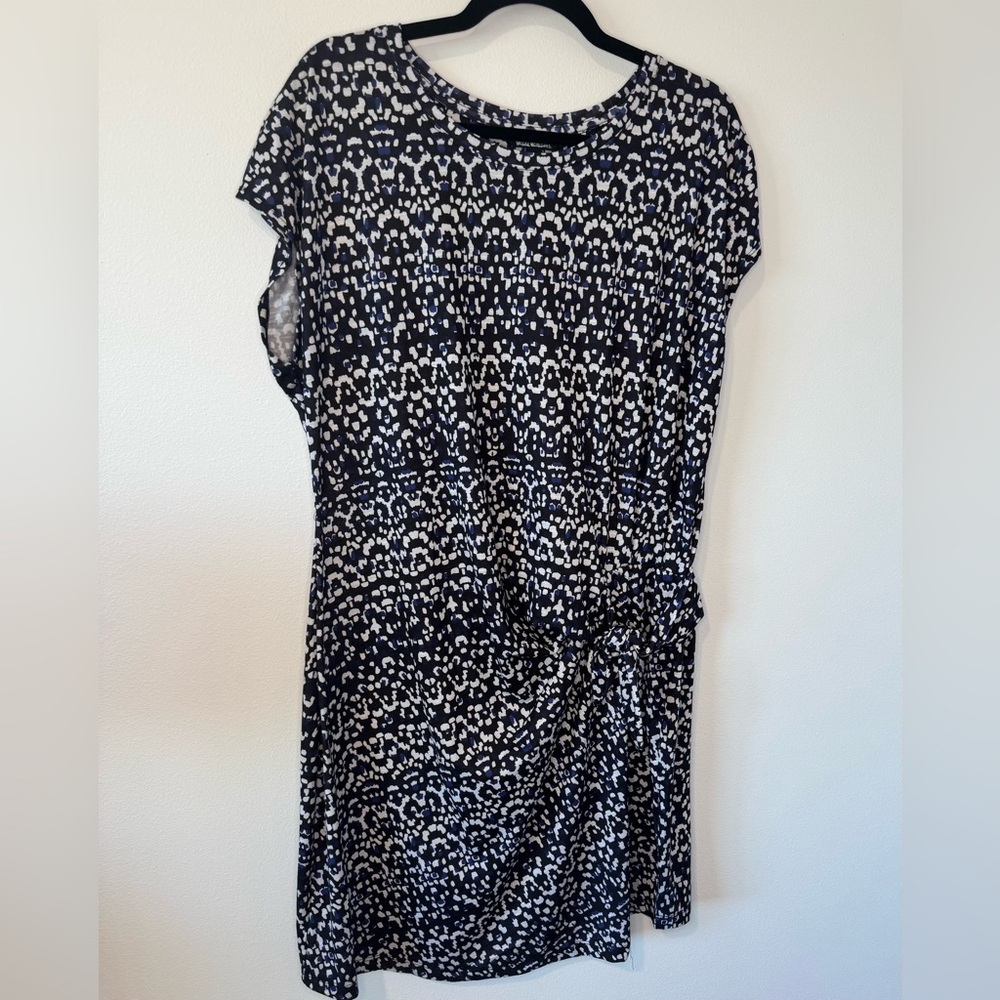 Original Nicole Miller XL Black Blue Abstract Print Dress Short Sleeve Tie Waist